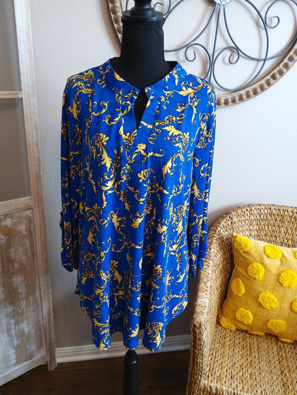 Dear Scarlett Blue Tunic with Yellow Scroll Print